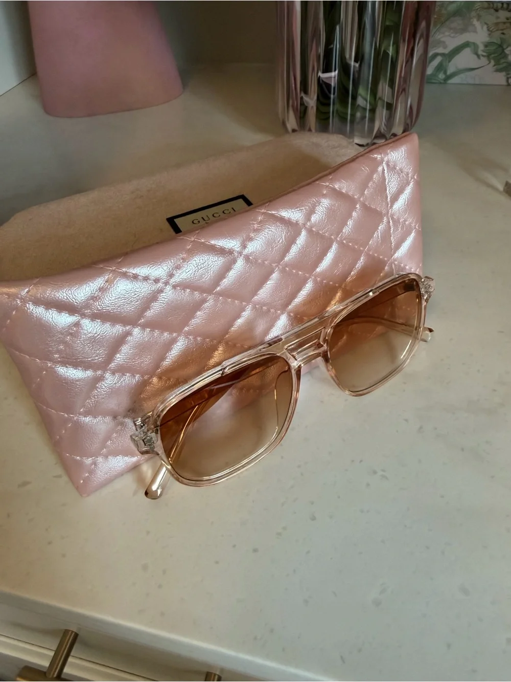 Stylish Pink Gradient Women's Sunglasses with Matching quilted Case